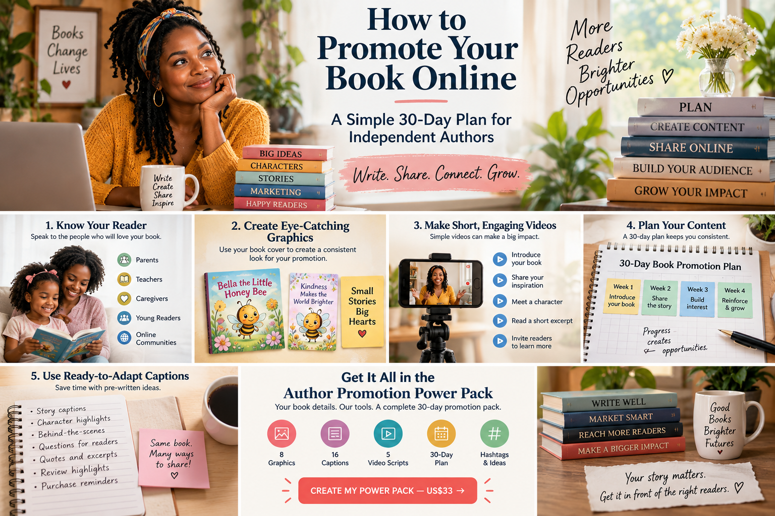 30-day book promotion guide for independent authors with tips for finding readers, creating graphics, making videos, writing captions and planning book marketing content